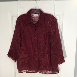 Alfred Dunner Button Down Sheer Blouse Wine Size 8